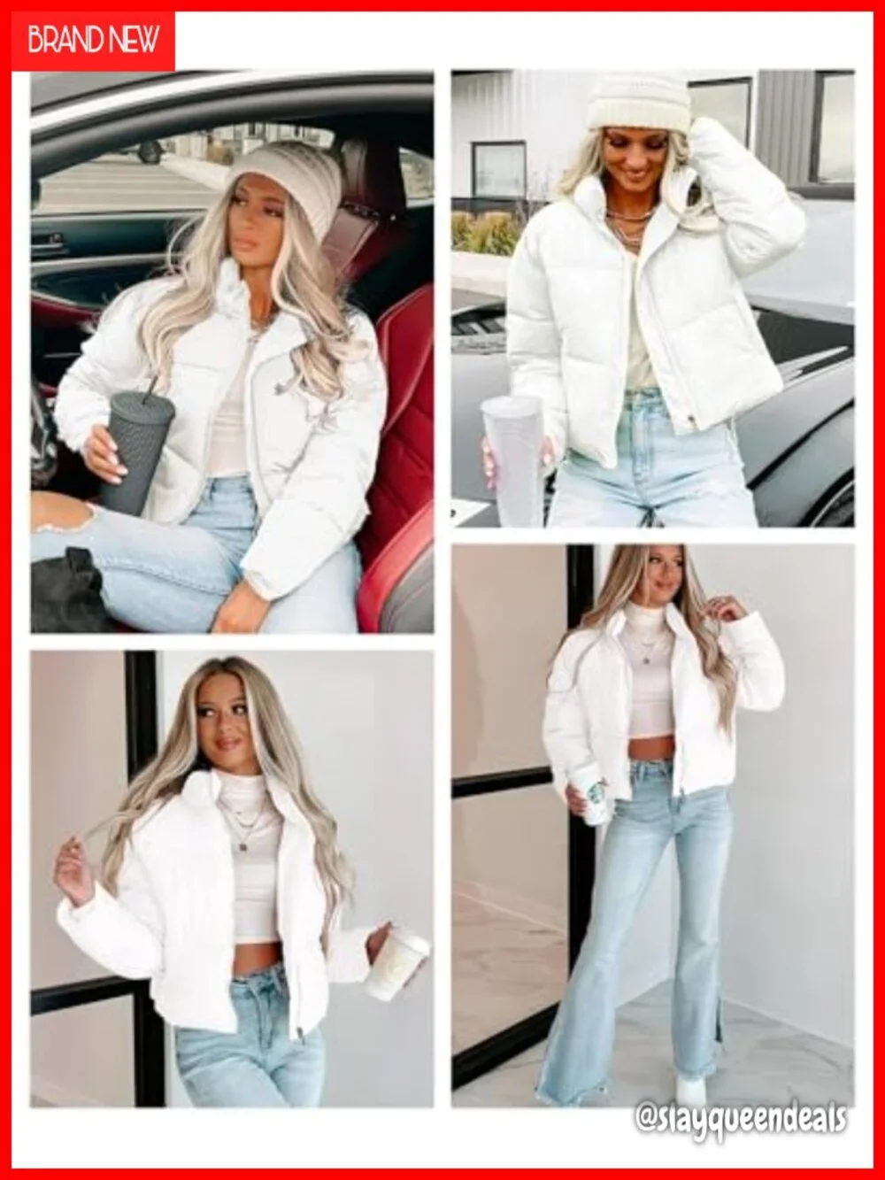 Cropped Quilted Puffer Jacket Stand Collar Long Sleeve Winter Coat
